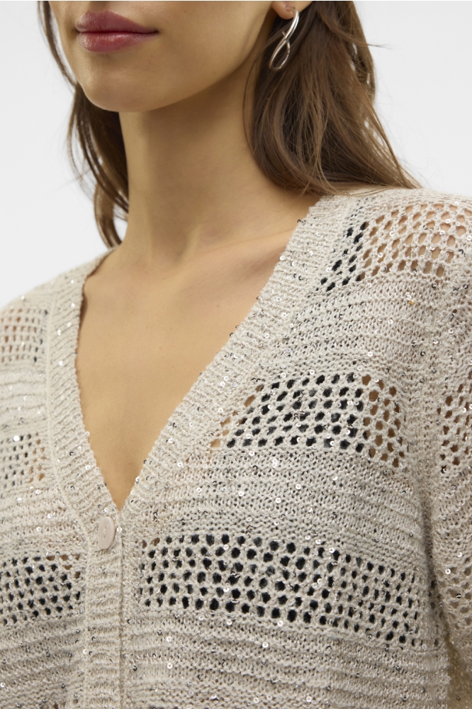 VMLEILANI STRIPE LS V-NECK CARDIGAN 10327775 Birch/W. SILVER